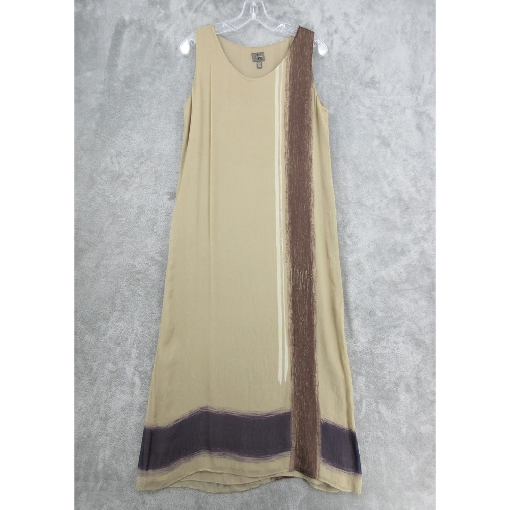 Vintage Calvin Klein Dress Womens Size 10 Maxi Silk Striped 90s Chiffon Overlay